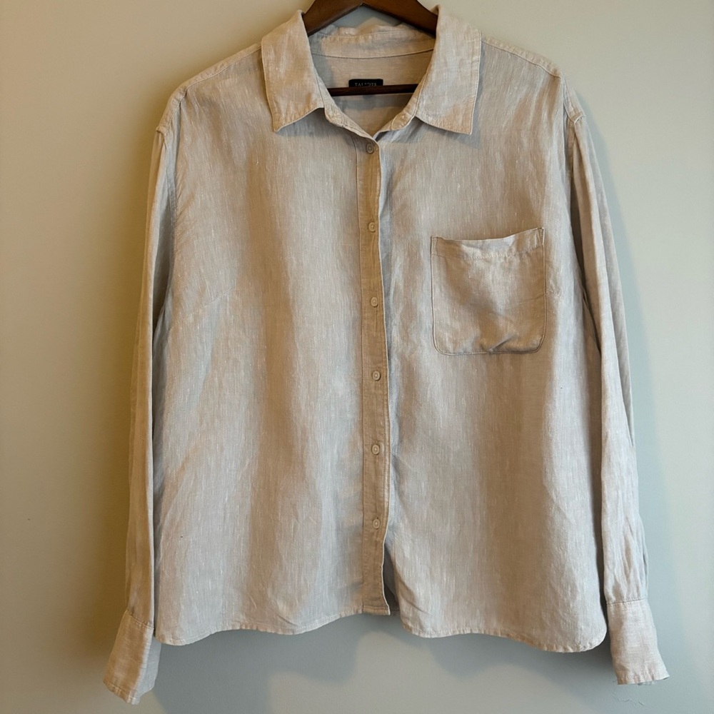 Talbots XL Linen Button Down Shirt Beige Oatmeal Long Sleeve Blouse